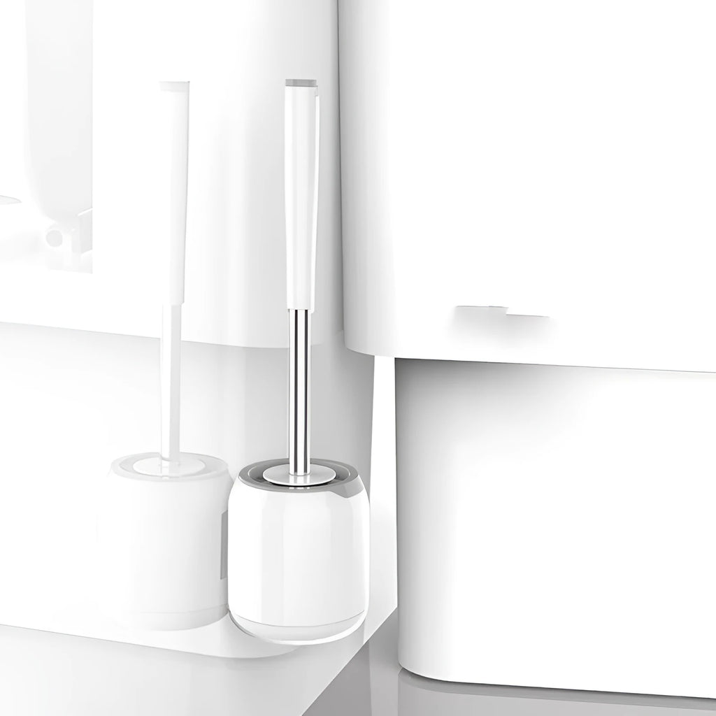 Portable toilet brush with soft silicone bristles and wall-mounted holder for bathroom cleaning