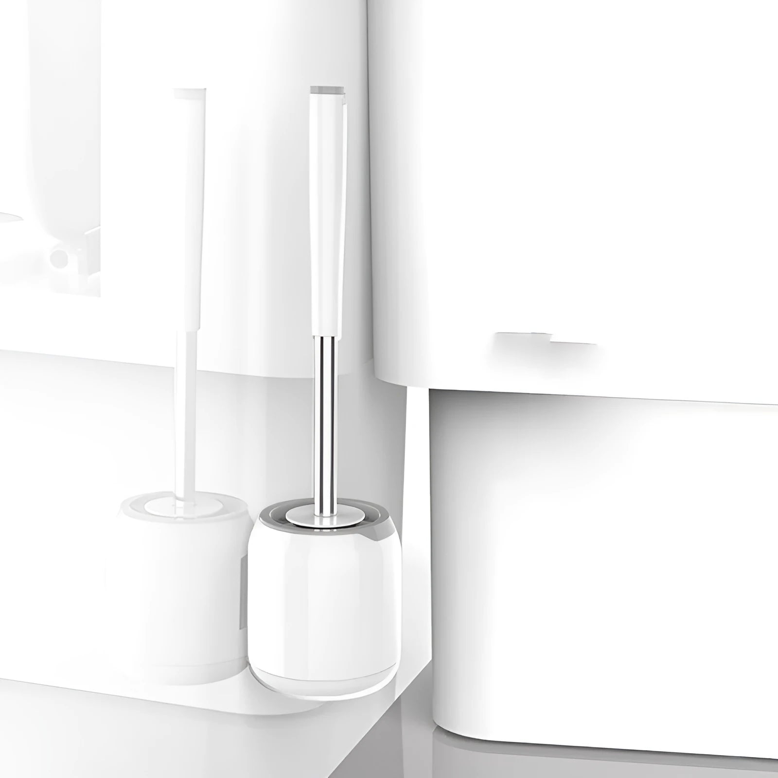 Portable toilet brush with soft silicone bristles and wall-mounted holder for bathroom cleaning