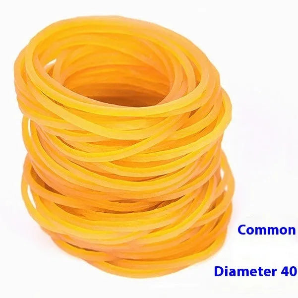 Bulk pack of yellow rubber bands in various sizes including 16mm, 25mm, and 50mm diameters on white background