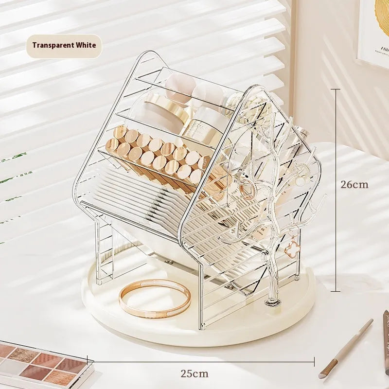 Rotating cosmetics storage box in clear or amber gold with 360-degree rotation mechanism