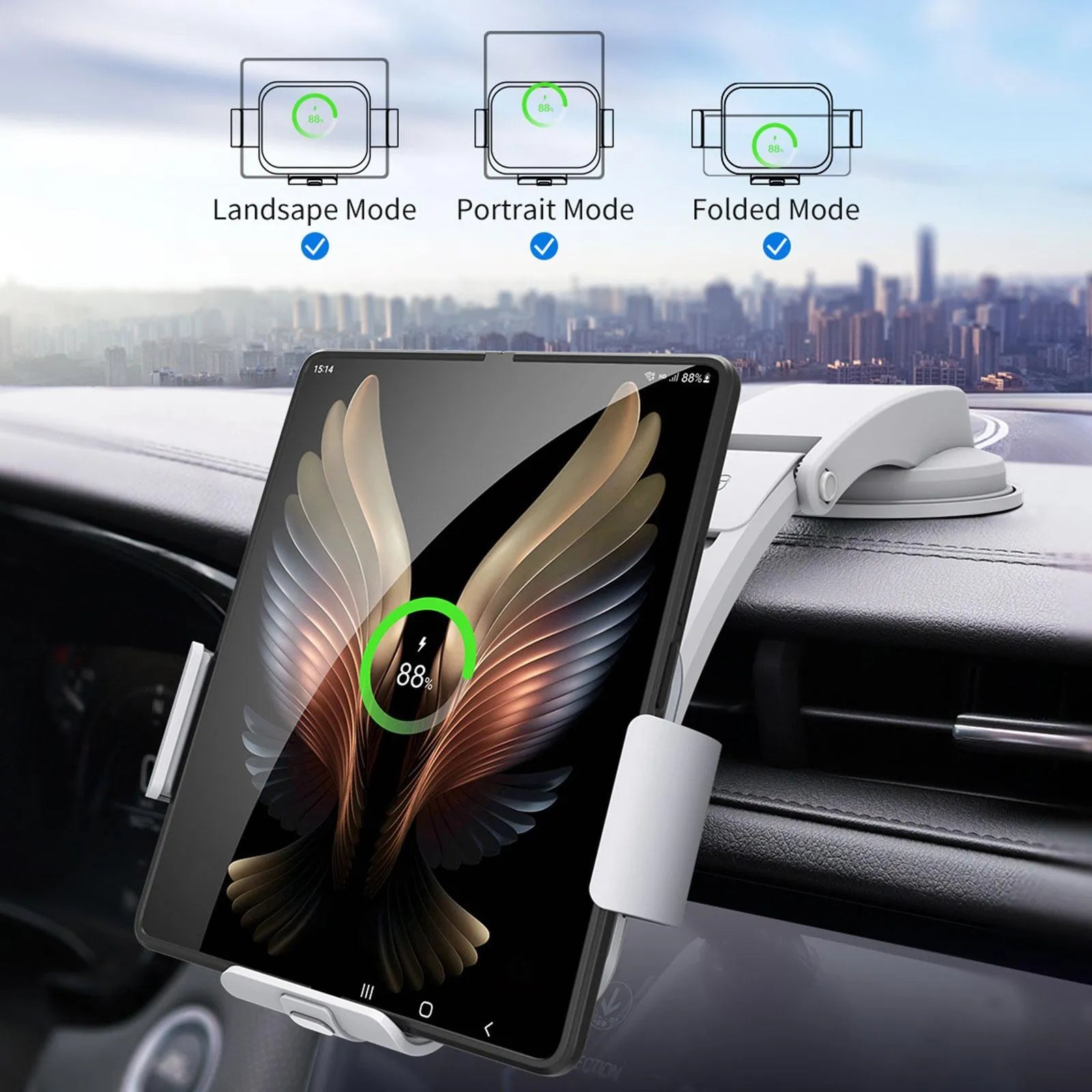 Grey and white wireless charging car phone holder with folding screen and both vent clip and suction cup mounting accessories