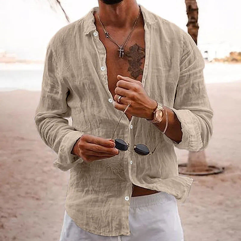 Men's casual cotton linen shirt long sleeves lapel cardigan loose fit solid colour in sky blue