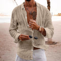 Men's casual cotton linen shirt long sleeves lapel cardigan loose fit solid colour in sky blue