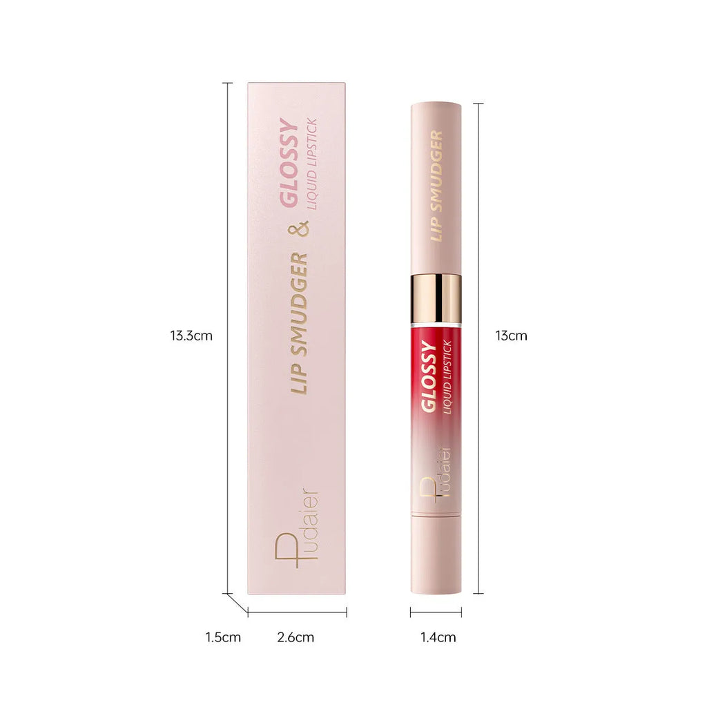 Double-headed lipstick and lip gloss cosmetic product showing matte and glossy ends