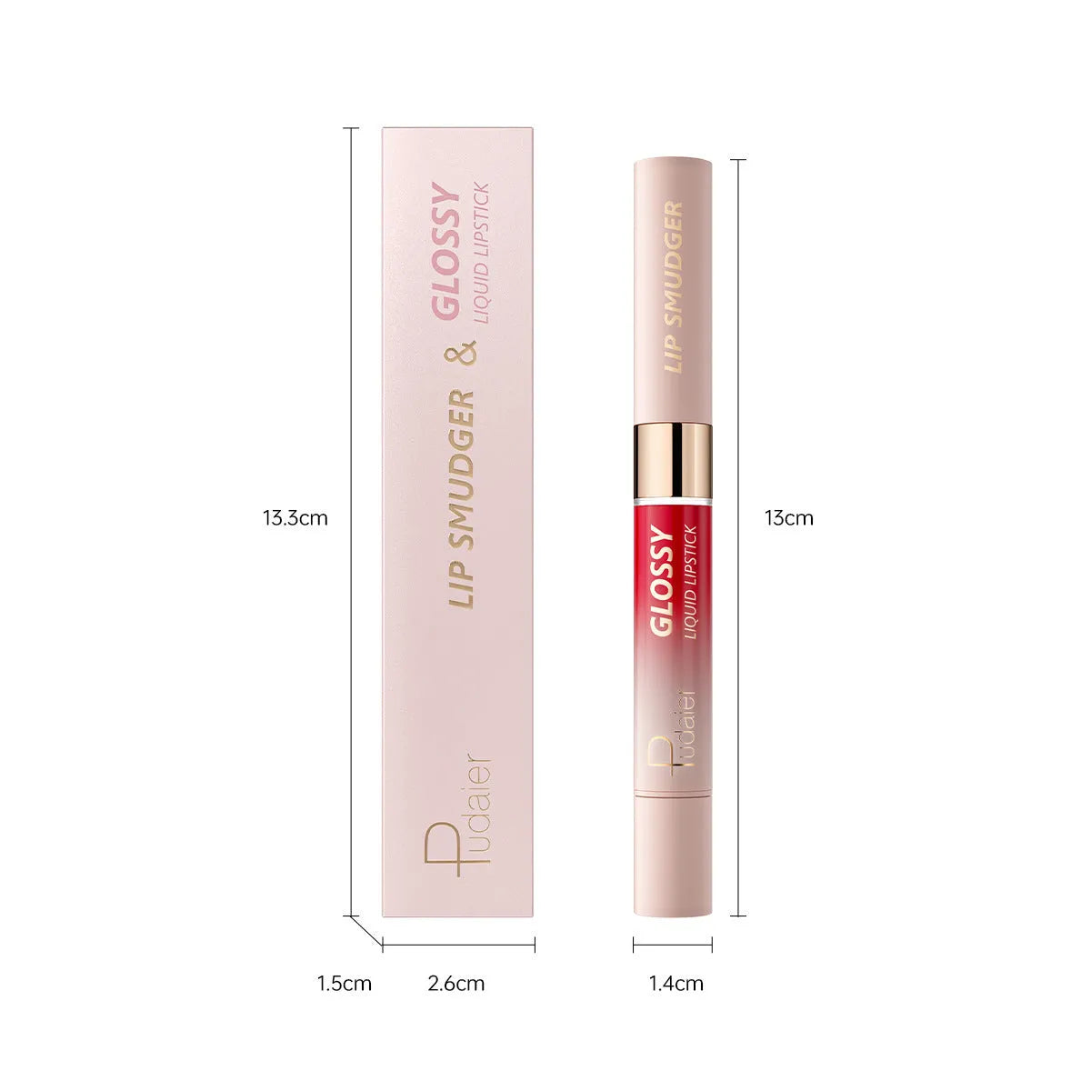Double-headed lipstick and lip gloss cosmetic product showing matte and glossy ends