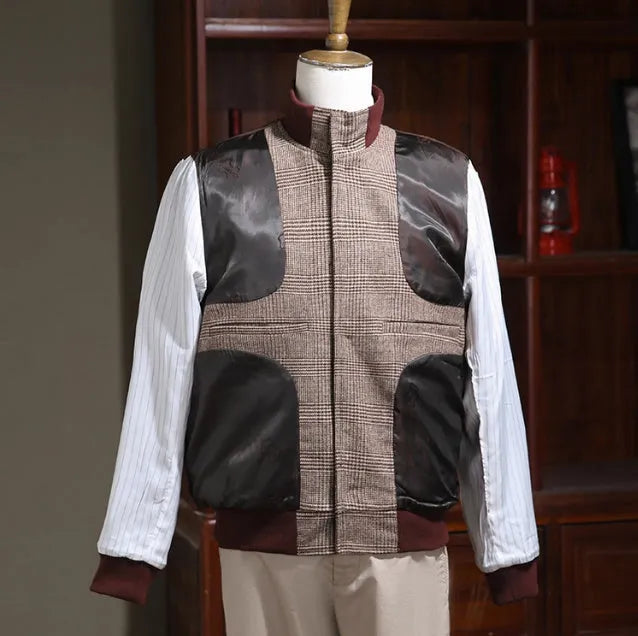 Men's brown tweed short stand-collar single-breasted coat with 70% wool, slim-fit front view