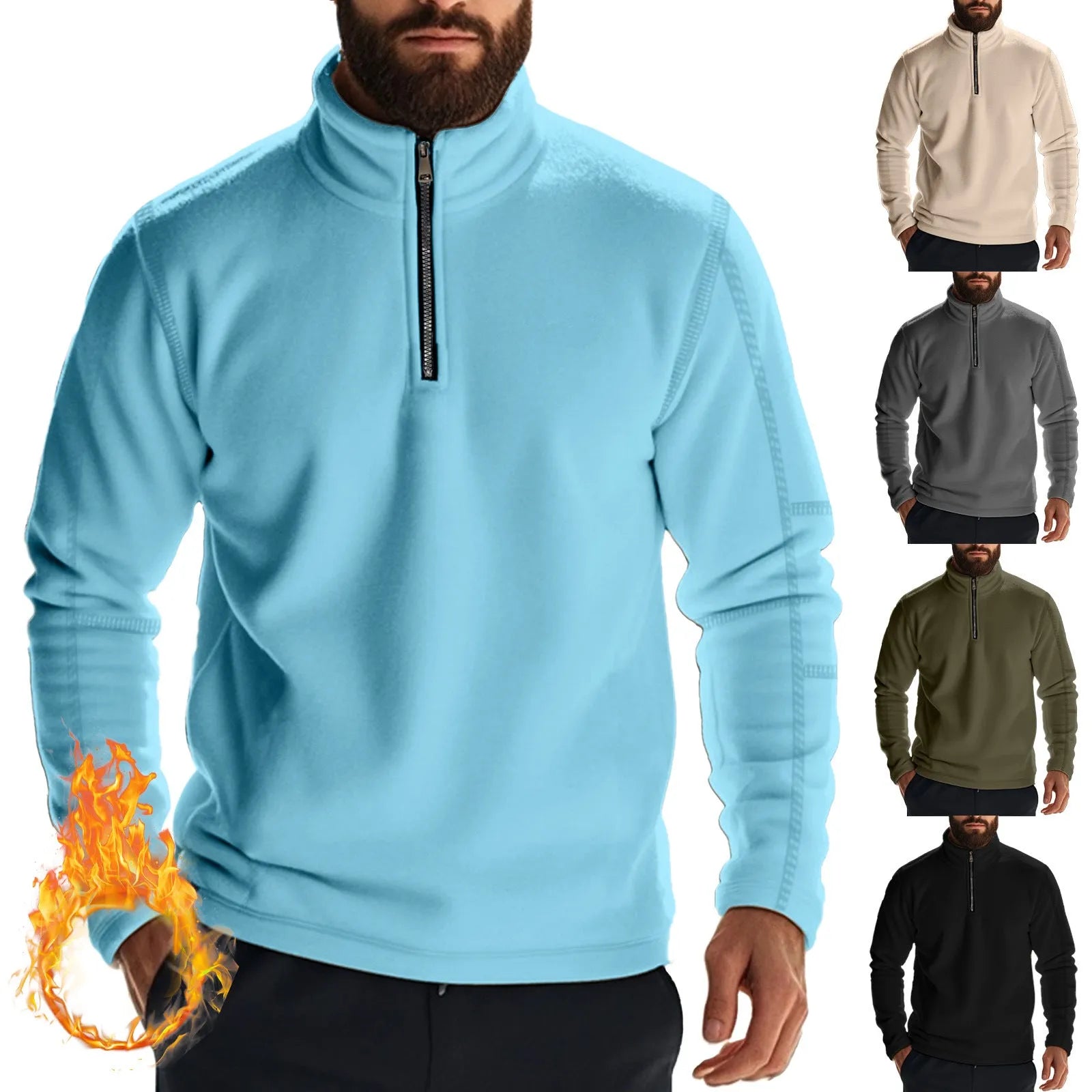 Men's fleece lined solid colour long sleeve pullover sweatshirt in light blue, front view, loose fit for casual winter wear
