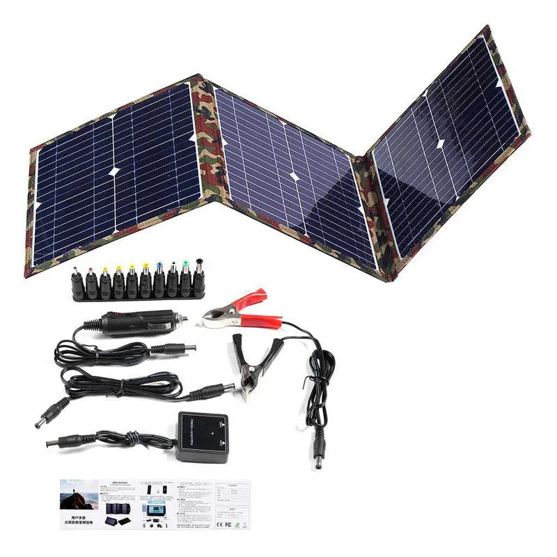 Black foldable 36W solar panel unfolded showing three monocrystalline silicon cells