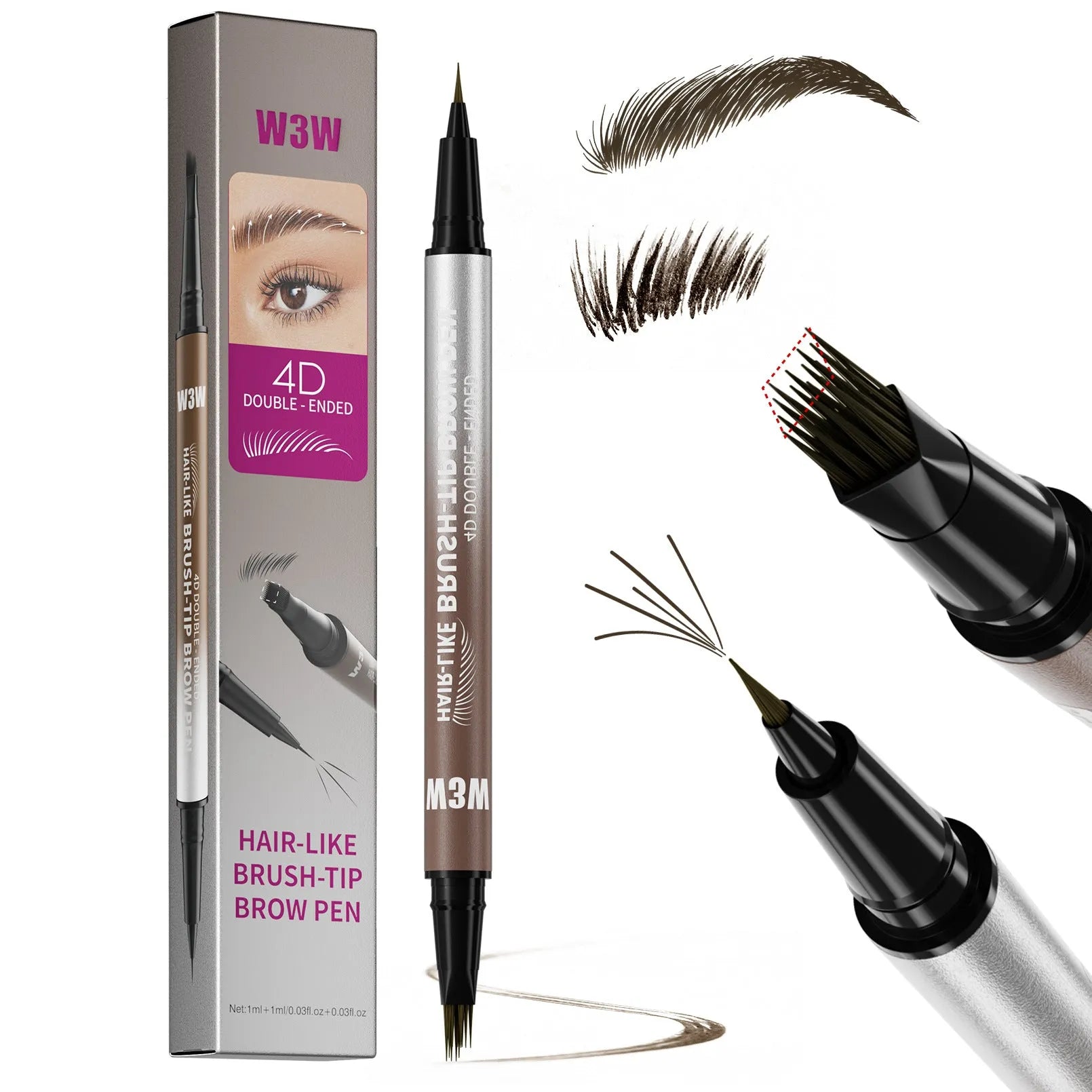Waterproof sweat-proof smudge-proof double-ended eyebrow pencil with powder in five colour options including light brown, brown, dark brown, black brown, and black.