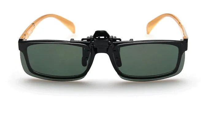 Myopia sunglasses clip for drivers with polarised PC lenses in grey, dark green, and night vision tint options