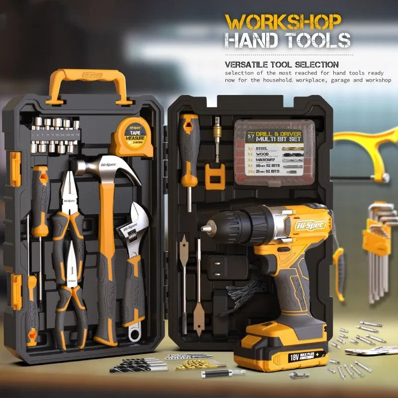Grey yellow US style case open to show 82-piece chrome-vanadium steel home repair tool set