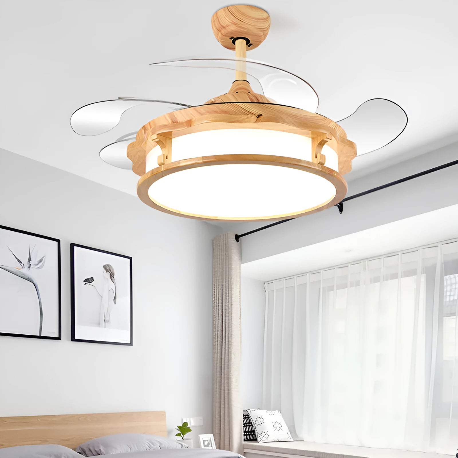 Japanese style invisible silent fan lamp with wood lampshade and ABS blades in beige colour for ceiling installation