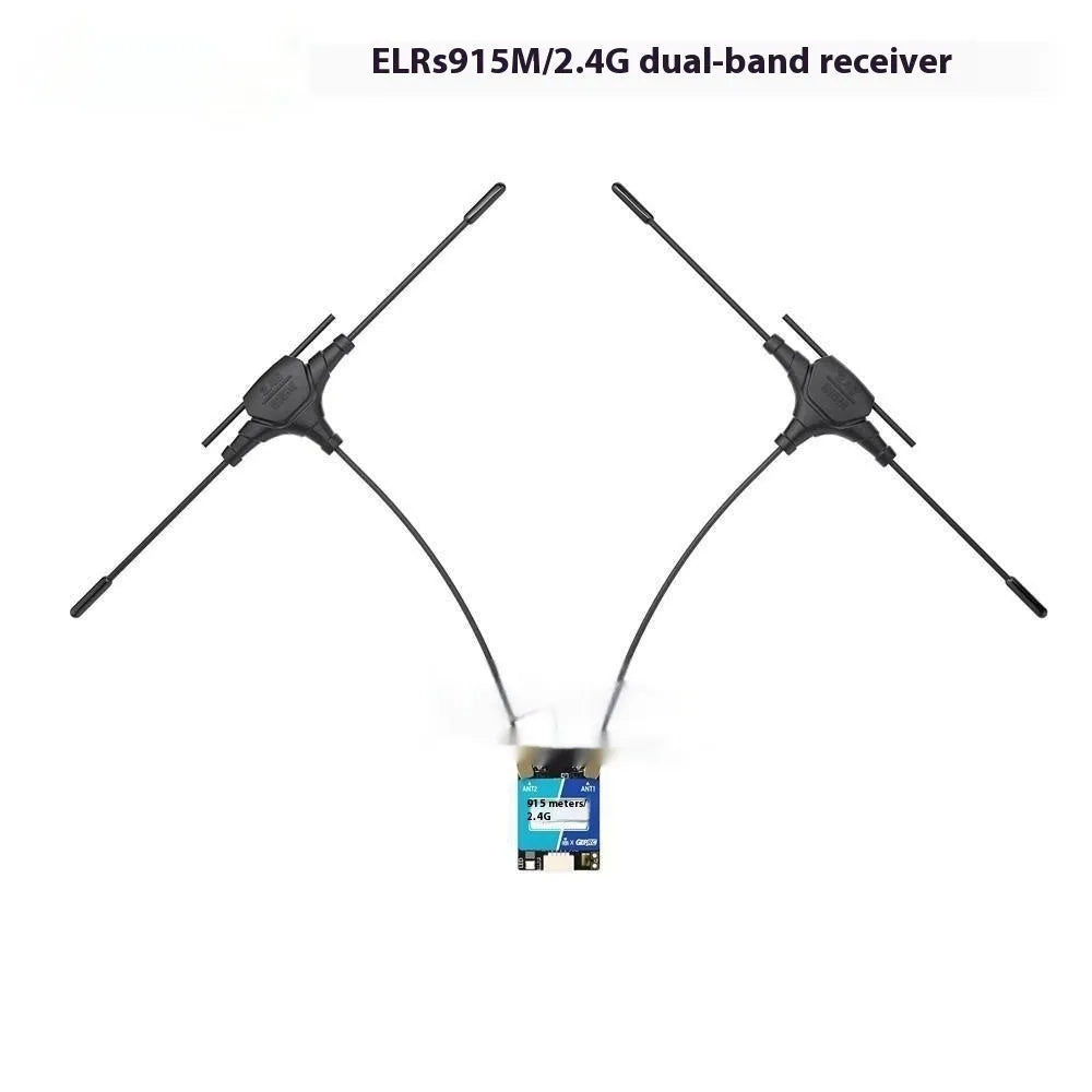 ELRS dual-frequency FPV drone receiver with two T-shaped antennas and installation accessories.