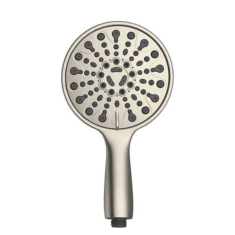 Six-inch handheld shower head with electroplated finish and multi-function spray selector.