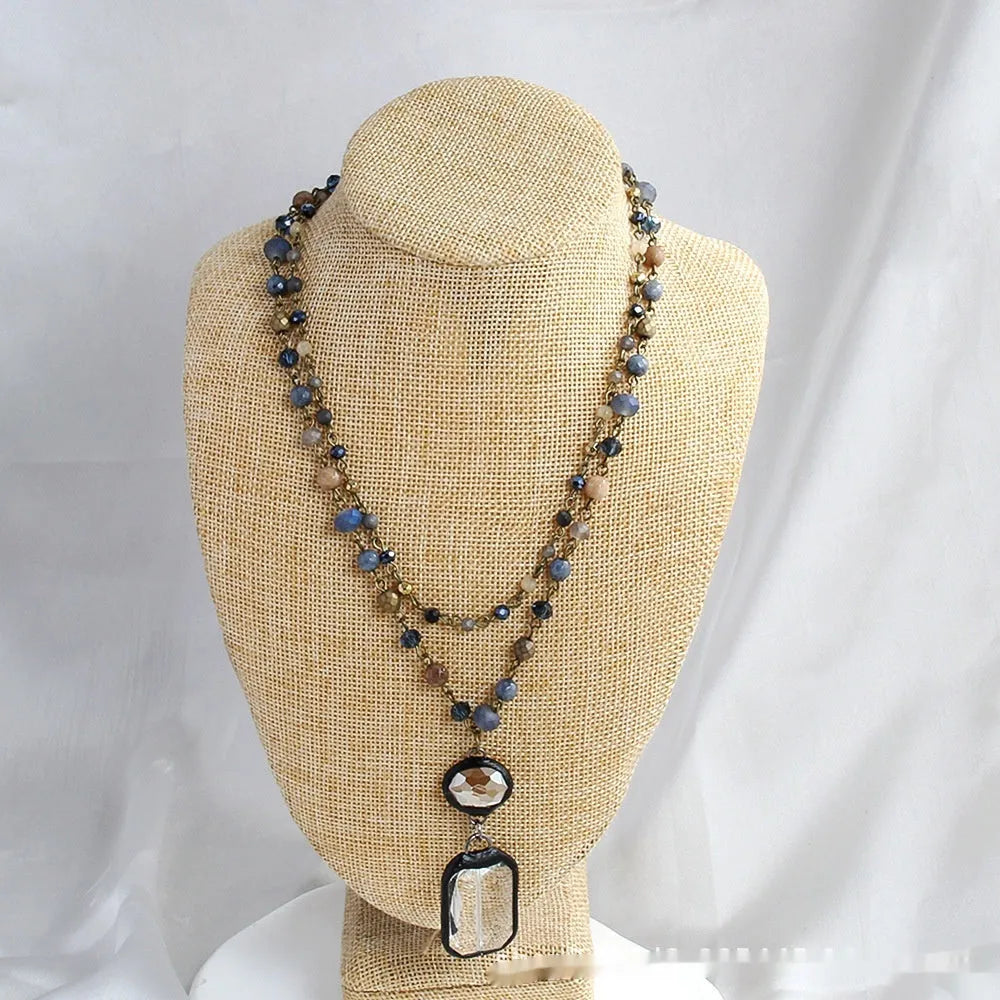 Two-layer tribal style necklace with natural stone and glass pendants on alloy chain