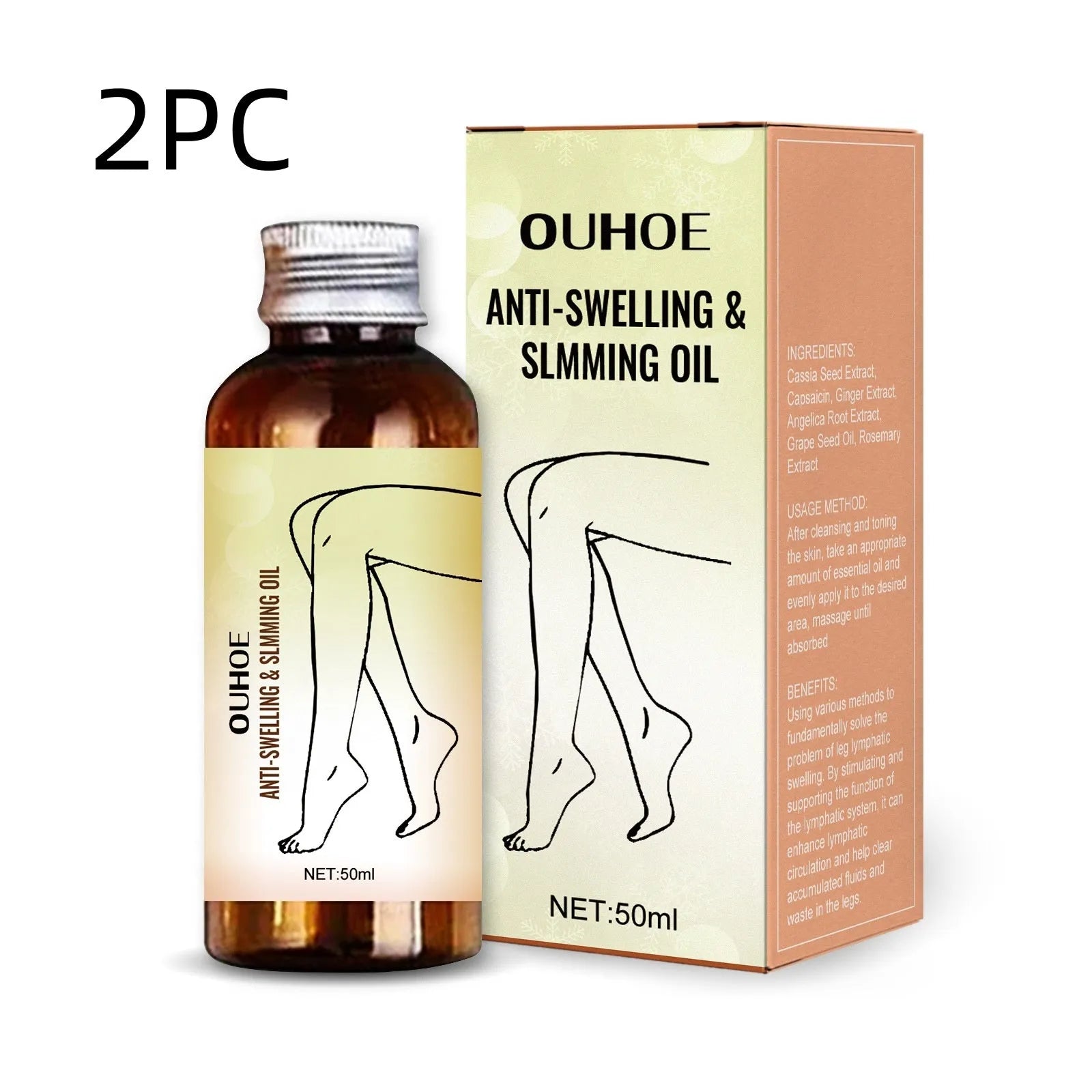 50ml bottle of moisturising body essential oil with natural extracts for skin care and leg massage.