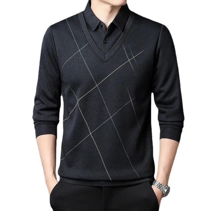 Men's long sleeve fake two pieces plaid t-shirt in gray, regular fit, polyester fabric