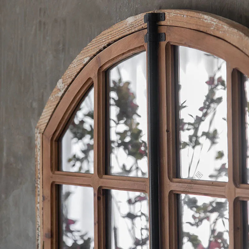 Terrace distressed fake window wall mirror with log colour finish and wooden glass construction