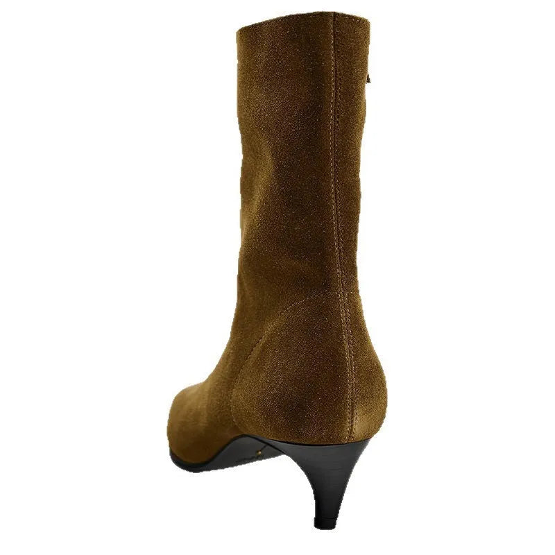Brown square toe ankle boots with side zipper and kitten heels on waterproof platform sole