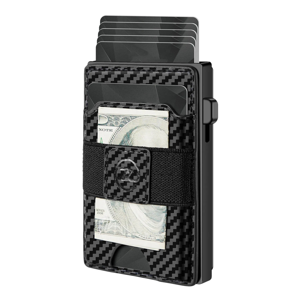 Two-in-one detachable magnetic card holder wallet with automatic cassette in black, brown, and carbon fibre pattern black, PU leather construction.