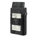 Two-in-one detachable magnetic card holder wallet with automatic cassette in black, brown, and carbon fibre pattern black, PU leather construction.
