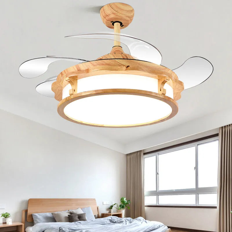 Japanese style invisible silent fan lamp with wood lampshade and ABS blades in beige colour for ceiling installation