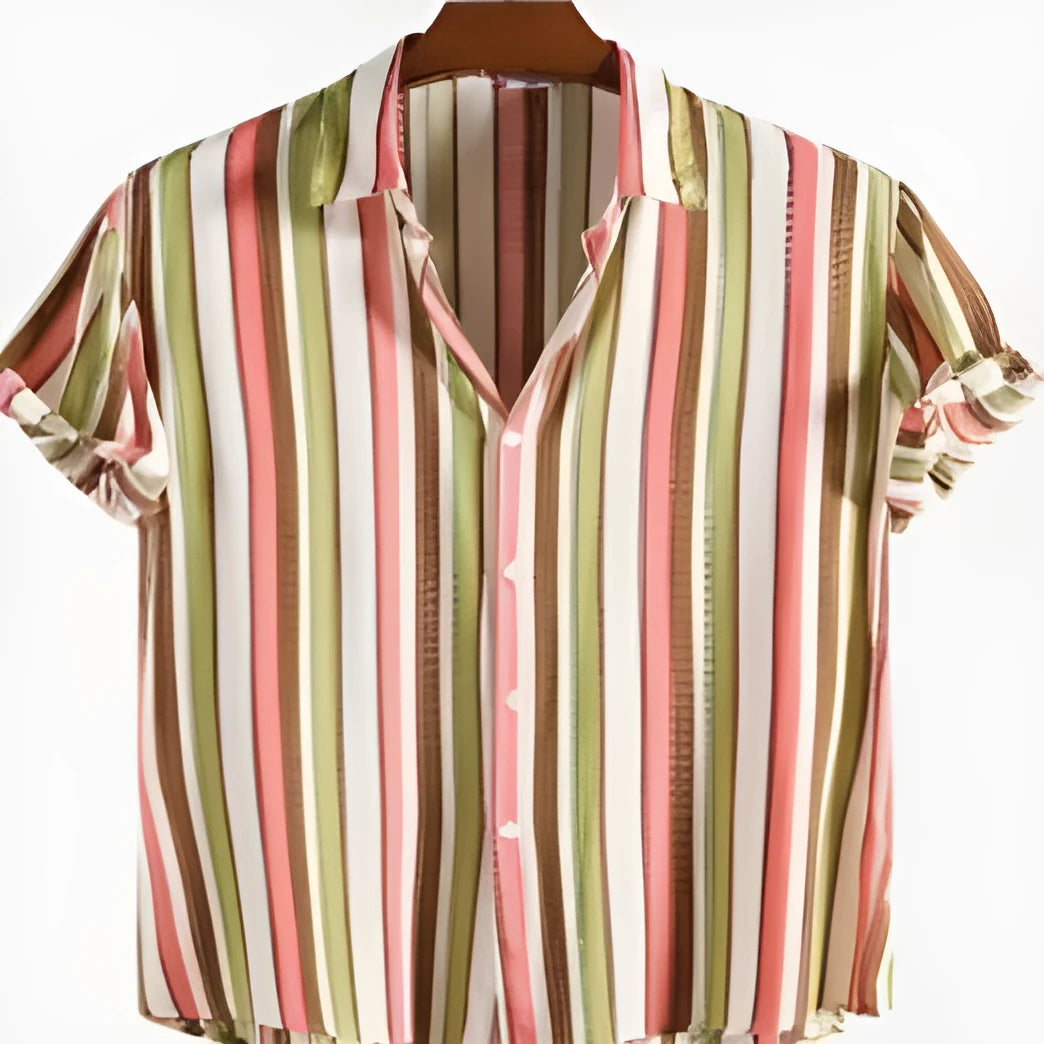 Men's short sleeved digital printed shirt in polyester fabric showing detailed pattern design
