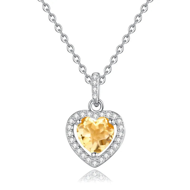 925 silver necklace with heart-shaped pendant containing natural gemstone on cross chain
