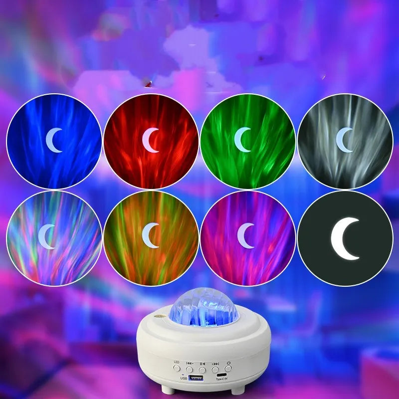 Galaxy star projector night light showing starry sky projection with Bluetooth speaker