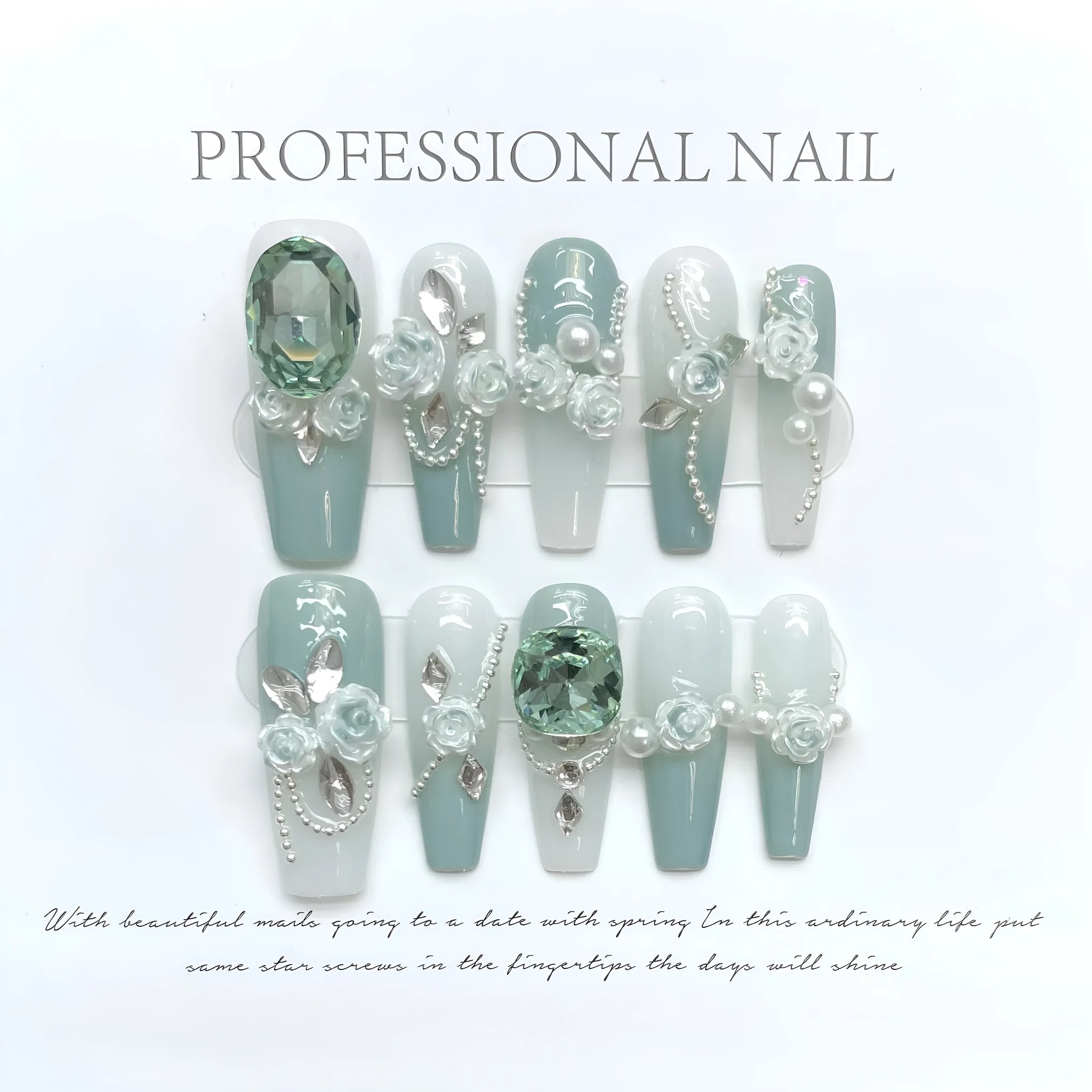 Camellia gradient chain artificial nails with bow and butterfly designs in multiple sizes