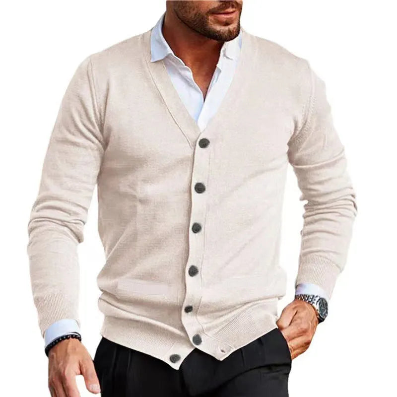 Men's slim fit acrylic cardigan sweater in beige colour, shown on a model.