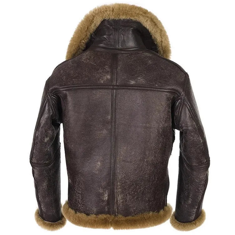 Brown retro-style men's synthetic leather fur coat with side pockets and a straight hem.