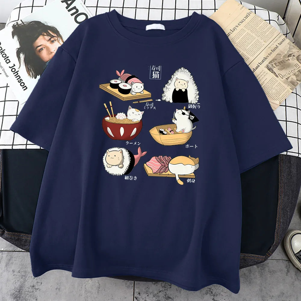 Men's black cotton t-shirt with cute cat sushi cartoon print, loose fit short sleeve design