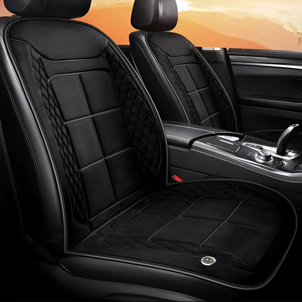 Auto heating car seat cushion with cotton filler shown in beige colour on vehicle seat