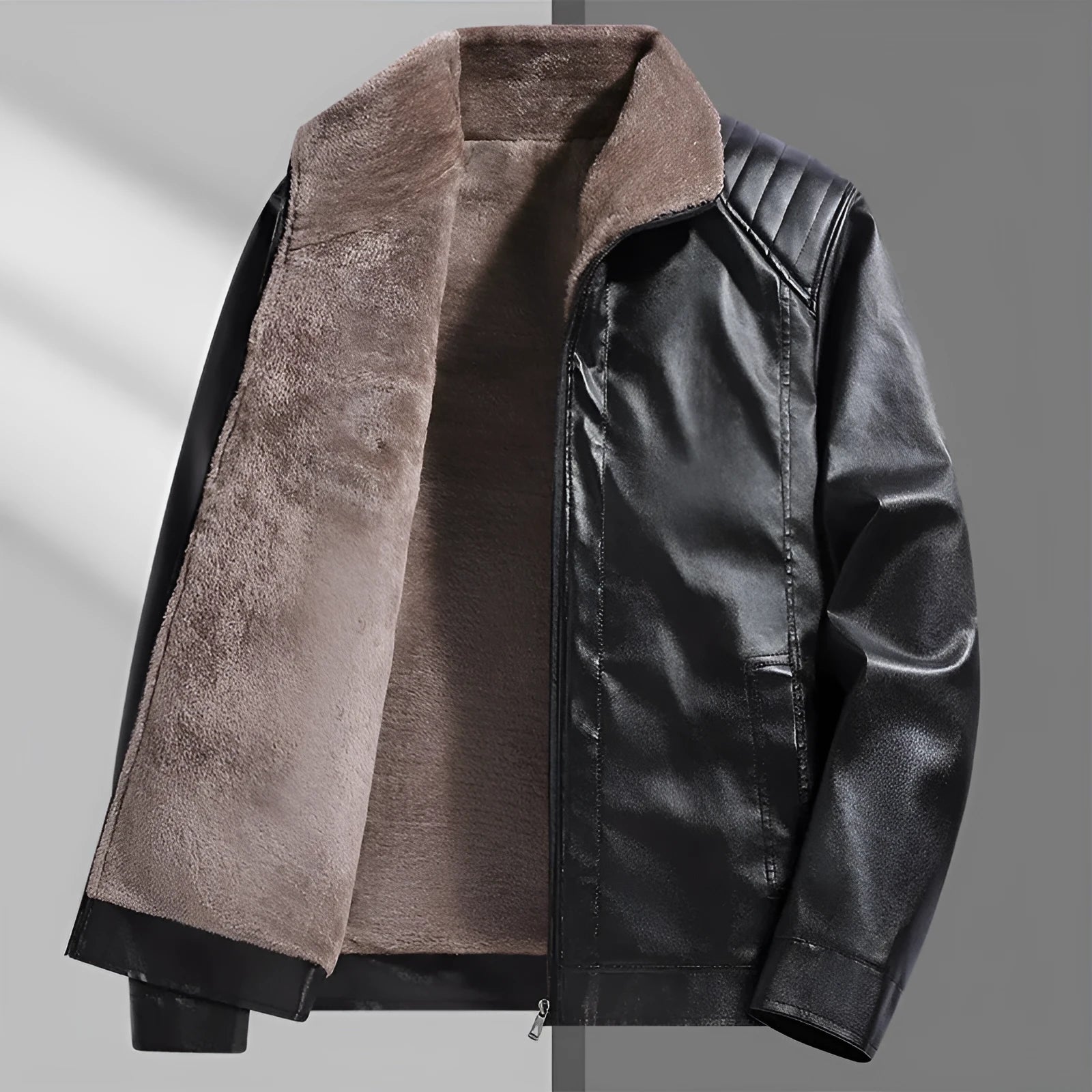 Men's fleece-lined thickened real leather jacket in black, casual leisure outerwear
