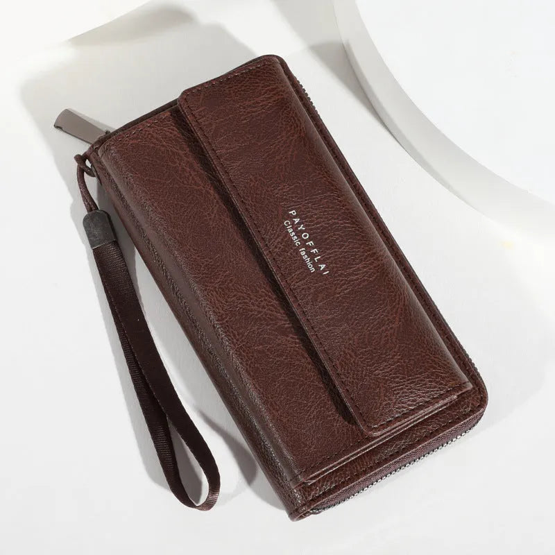 Men's PU leather wallet with multiple card slots in casual long design showing black colour option