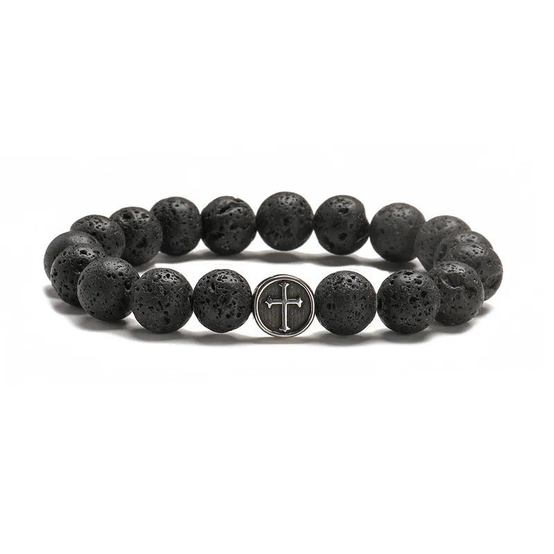 Volcanic rock colour agate bracelet with stainless steel geometry chain, showing 10mm bead size
