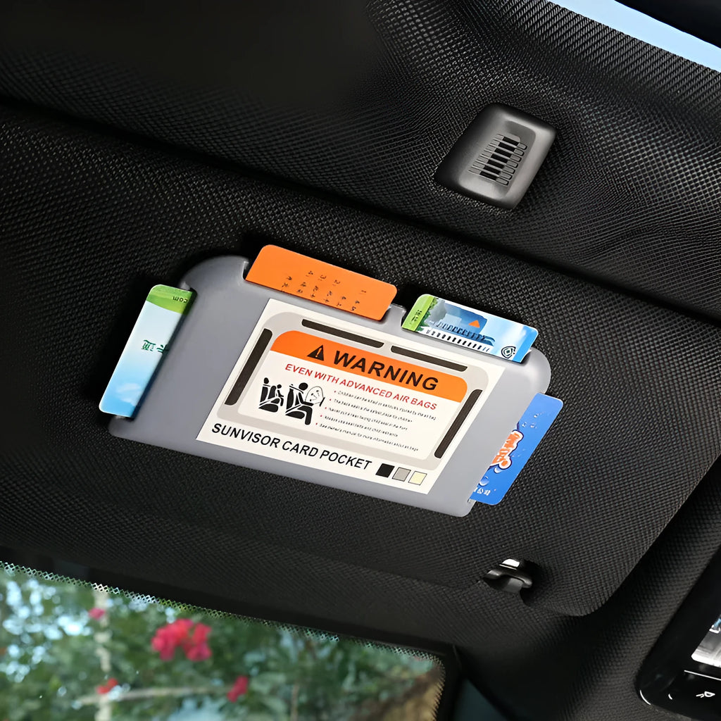 Black car sun visor card holder with four slots for driving licence and parking permits