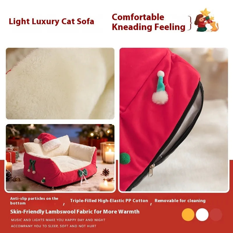 Flannel cat nest in red with removable washable cover, plus-sized variant, on floor