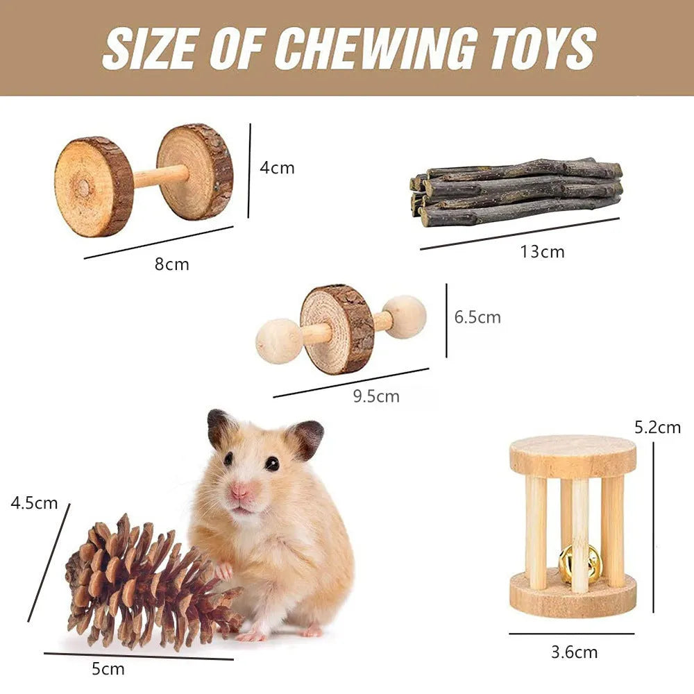 Assortment of natural wooden and woven chew toys for small pets like rabbits and parrots.