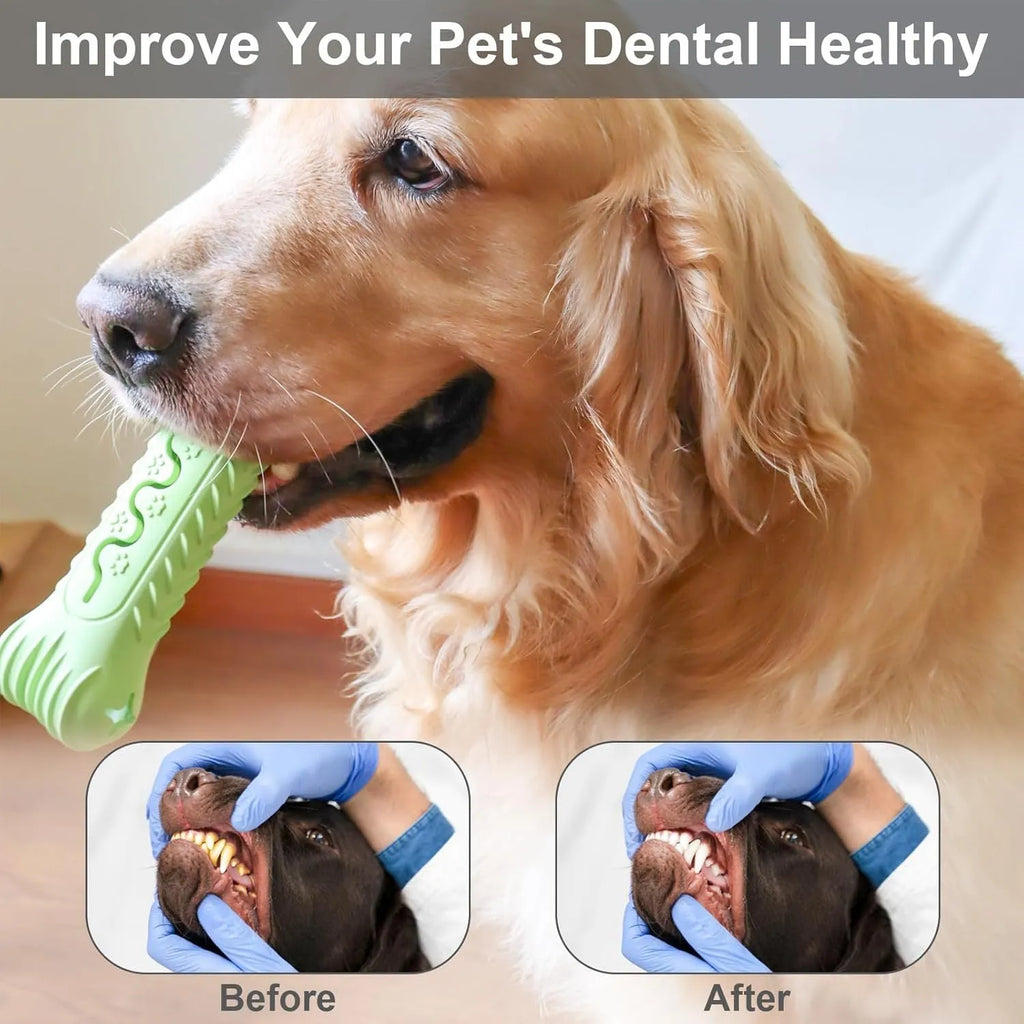 Blue green orange natural rubber bone-shaped dog chew toy for aggressive chewers with textured teeth cleaning surface