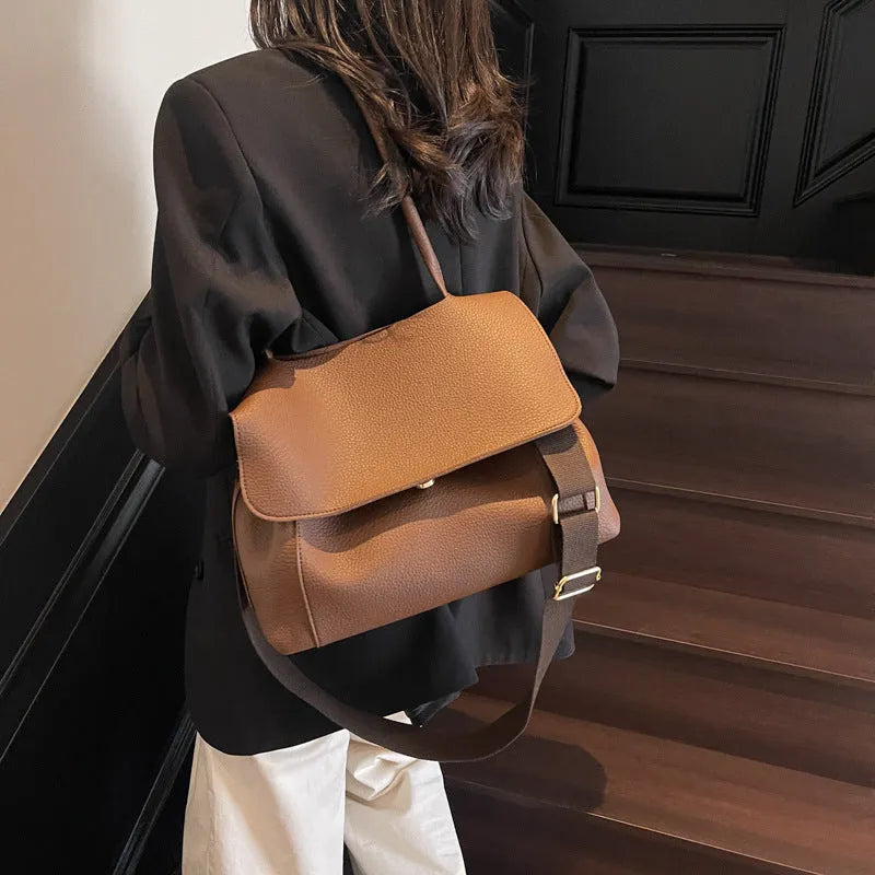 Vintage casual PU leather tote bag in horizontal square shape with double shoulder straps