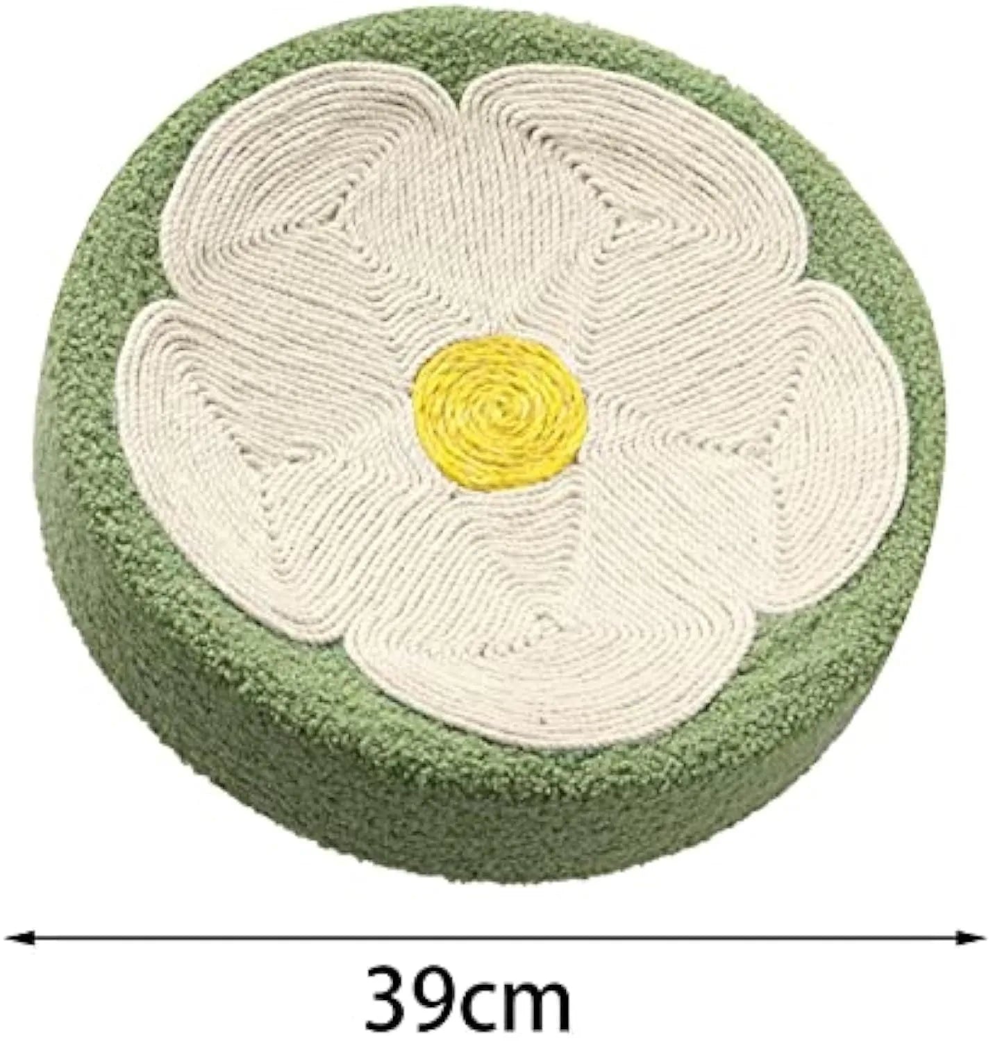 Green round cat scratcher bowl with sisal surface measuring 39cm diameter