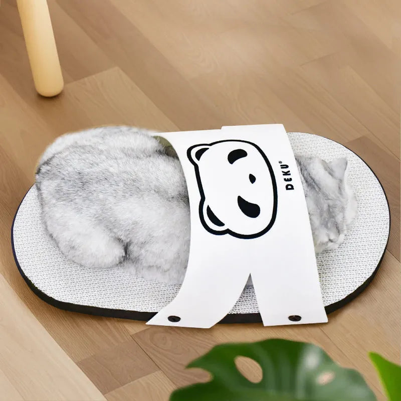 White corrugated paper cat scratch board in slipper style design on neutral background