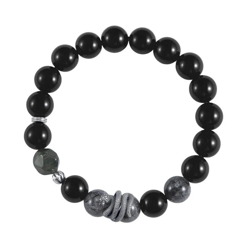 S925 sterling silver men's bracelet with obsidian black hair crystal and retro snake birth year design
