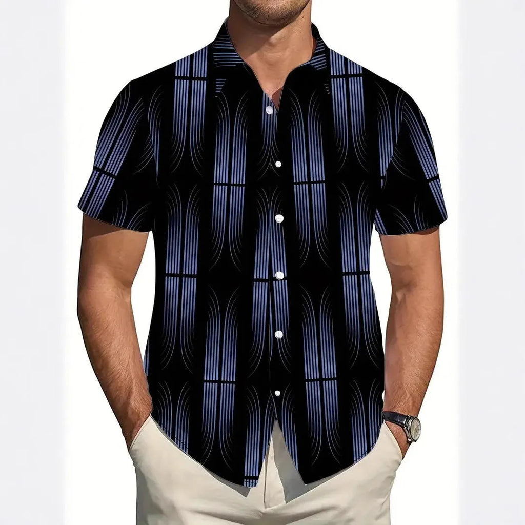 Men's slim fit geometric print lapel shirt in lightweight polyester fabric for summer casual wear