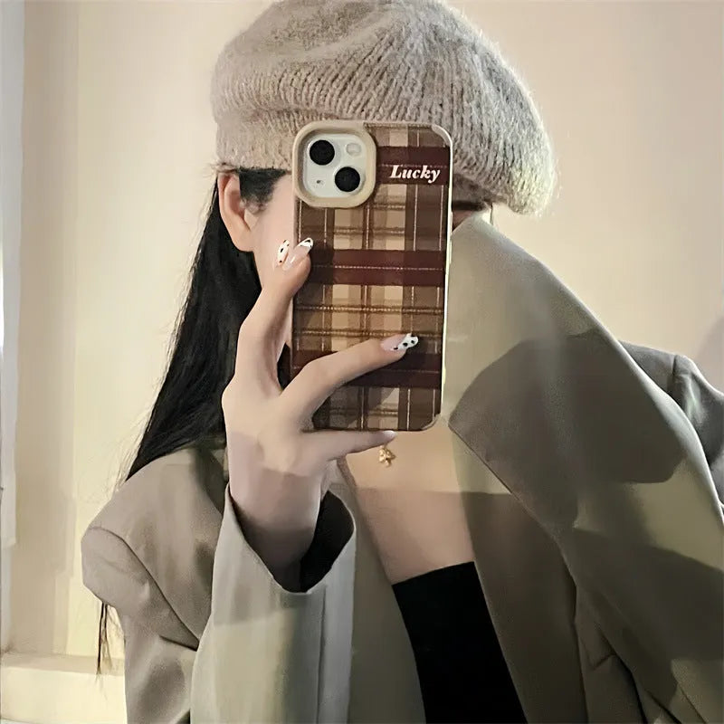 Letter personality lambskin plaid phone case for iPhone 14 in light coffee colour with embossed pattern