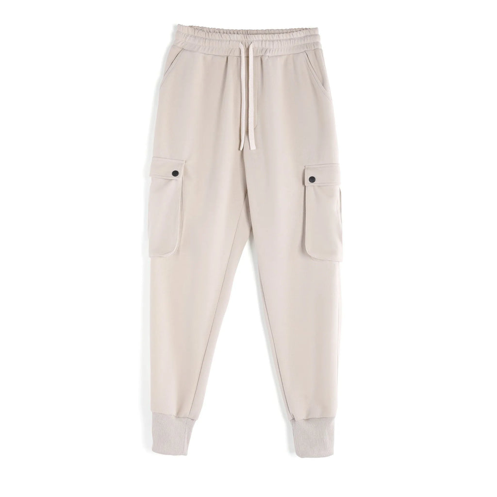 Men's cotton sports trousers with ankle ties and multiple pockets in apricot colour