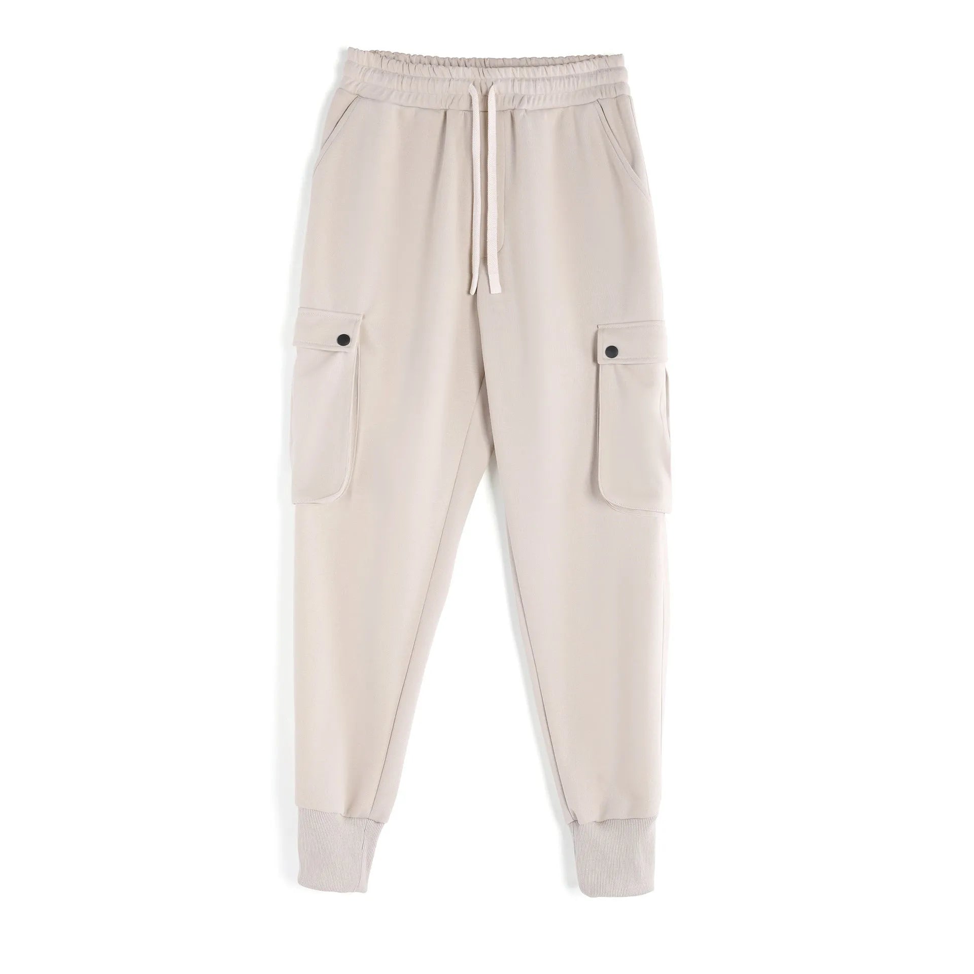 Men's cotton sports trousers with ankle ties and multiple pockets in apricot colour