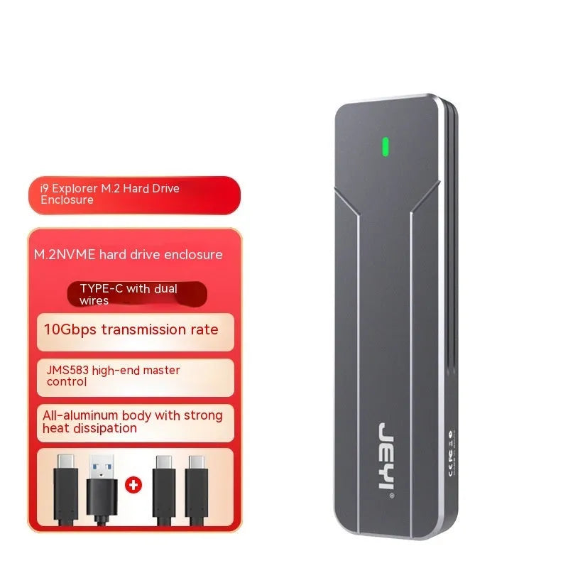 Dark grey all-aluminium alloy external reader disk box for M.2 SATA and NVMe SSDs with USB cable